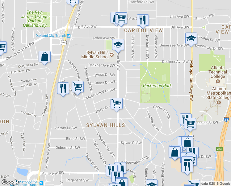 map of restaurants, bars, coffee shops, grocery stores, and more near 1607 Sylvan Road Southwest in Atlanta