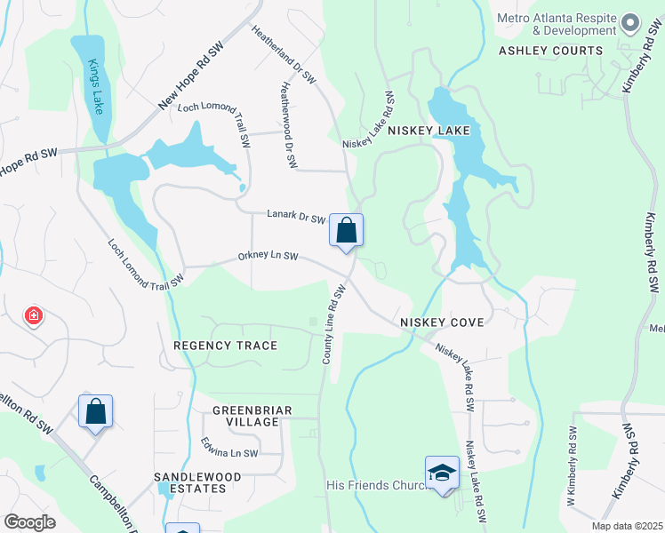 map of restaurants, bars, coffee shops, grocery stores, and more near 1585 Niskey Lake Road Southwest in Atlanta