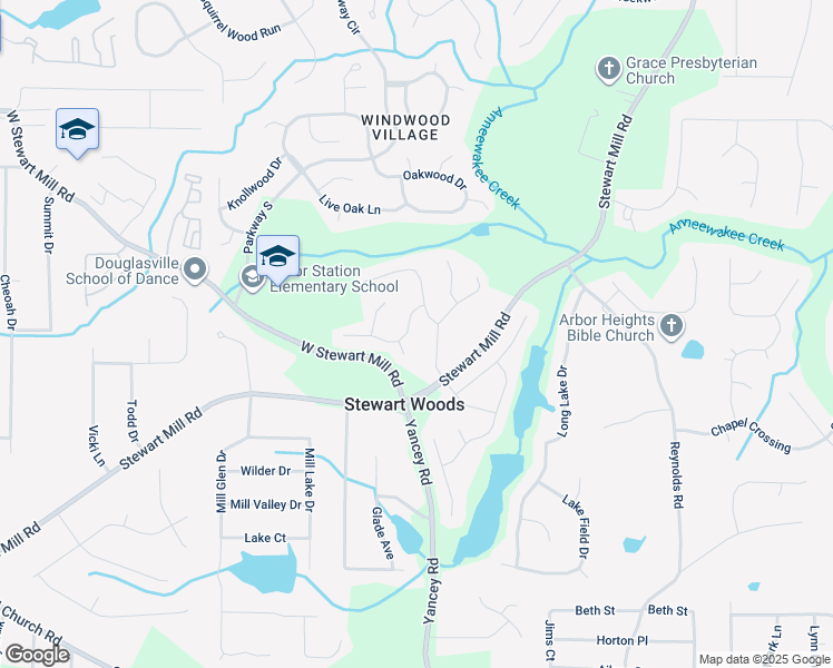 map of restaurants, bars, coffee shops, grocery stores, and more near 3533 Aberdeen Way in Douglasville