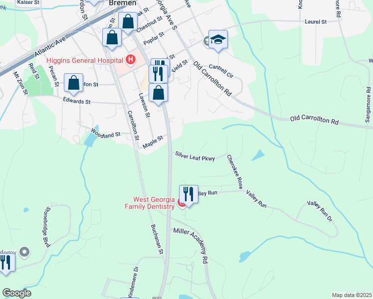 map of restaurants, bars, coffee shops, grocery stores, and more near 412 Silver Leaf Court in Bremen