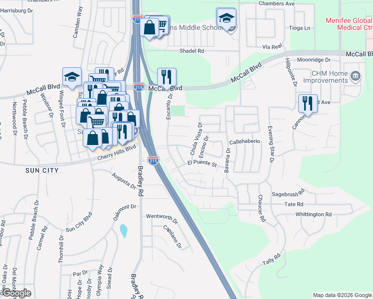 map of restaurants, bars, coffee shops, grocery stores, and more near 27239 Coronado Way in Menifee