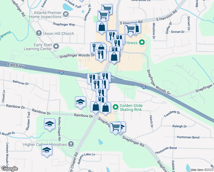 map of restaurants, bars, coffee shops, grocery stores, and more near 2636 Wesley Chapel Road in Decatur