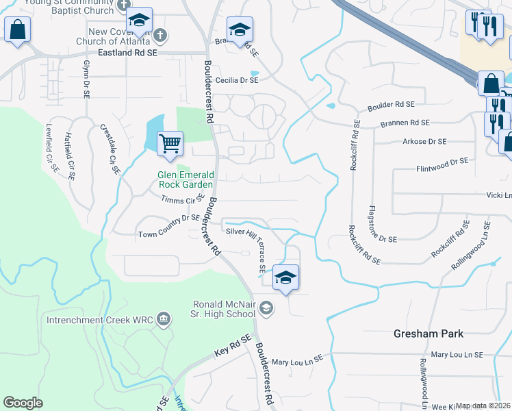 map of restaurants, bars, coffee shops, grocery stores, and more near 1551 Boulderwoods Drive Southeast in Atlanta