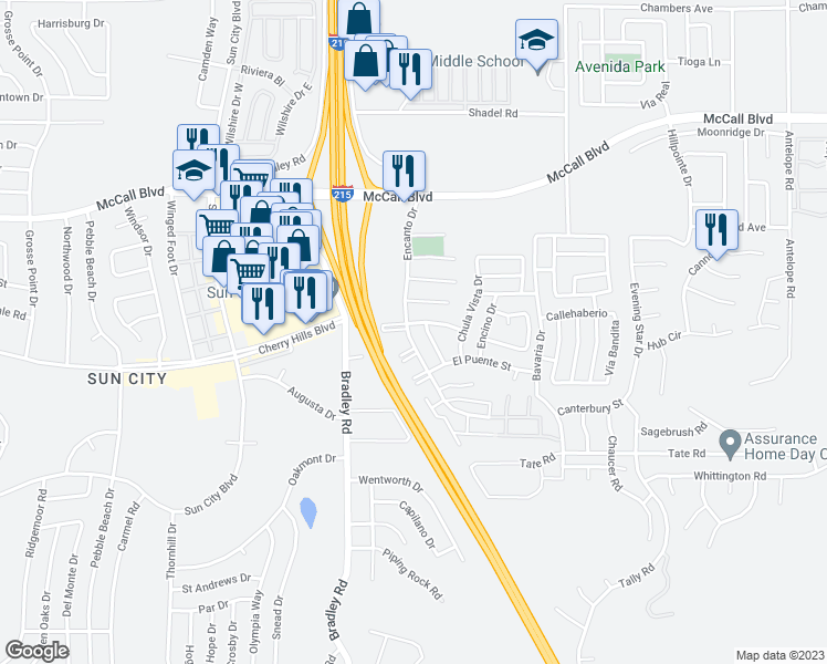 map of restaurants, bars, coffee shops, grocery stores, and more near 28244 Encanto Drive in Menifee