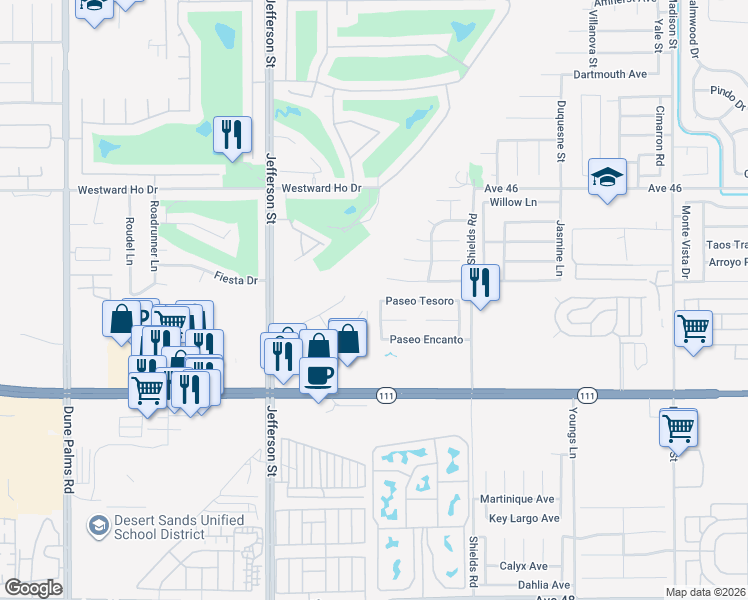 map of restaurants, bars, coffee shops, grocery stores, and more near 46579 Vía Paraiso in Indio