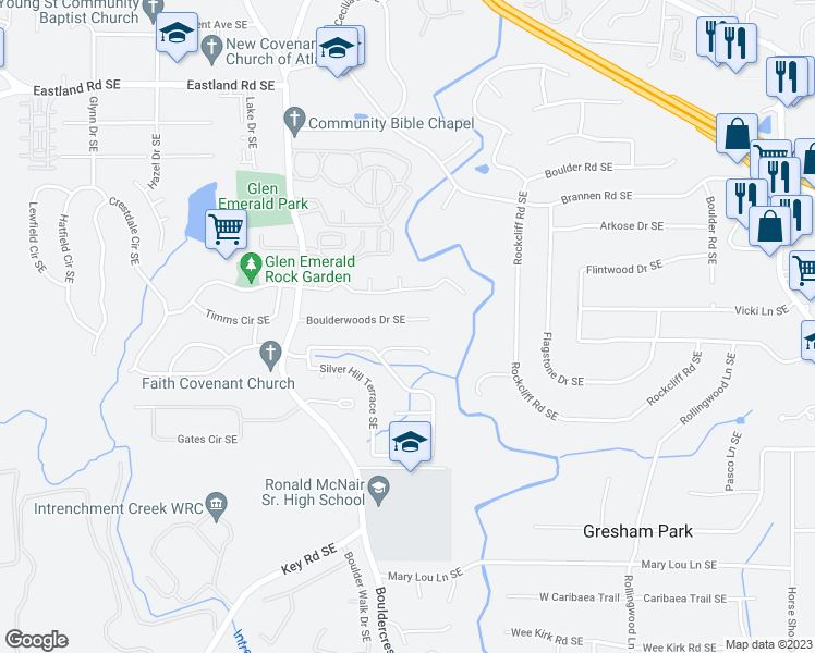 map of restaurants, bars, coffee shops, grocery stores, and more near 1593 Boulderwoods Drive Southeast in Atlanta