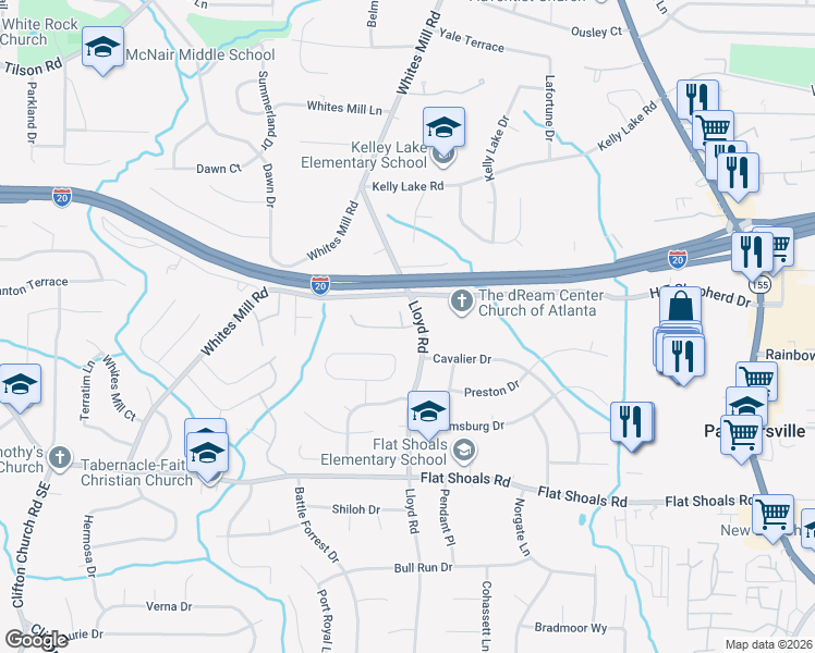 map of restaurants, bars, coffee shops, grocery stores, and more near 2608-2626 Lloyd Road in Decatur