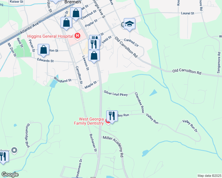 map of restaurants, bars, coffee shops, grocery stores, and more near 412 Silver Leaf Court in Bremen