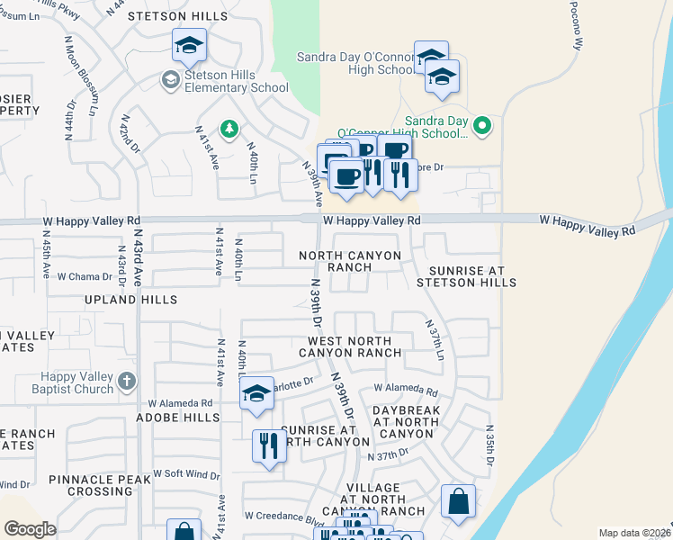 map of restaurants, bars, coffee shops, grocery stores, and more near 24629 North 39th Avenue in Glendale