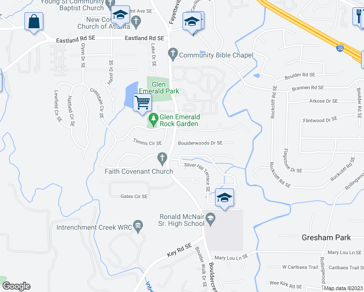 map of restaurants, bars, coffee shops, grocery stores, and more near 1512 Boulderwoods Drive Southeast in Atlanta