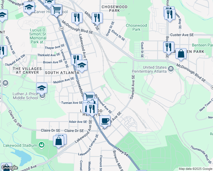 map of restaurants, bars, coffee shops, grocery stores, and more near 1668 Oak Knoll Circle Southeast in Atlanta