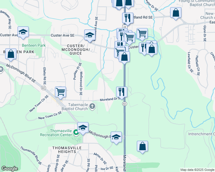 map of restaurants, bars, coffee shops, grocery stores, and more near 1608 Woodland Avenue Southeast in Atlanta