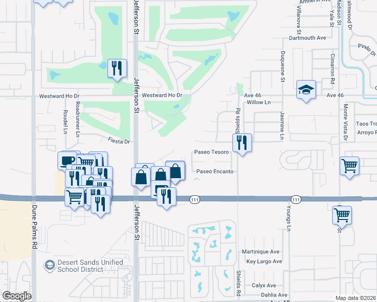 map of restaurants, bars, coffee shops, grocery stores, and more near 46579 Vía Paraiso in Indio
