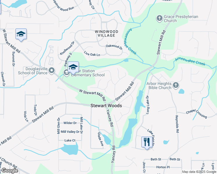 map of restaurants, bars, coffee shops, grocery stores, and more near 3533 Aberdeen Way in Douglasville