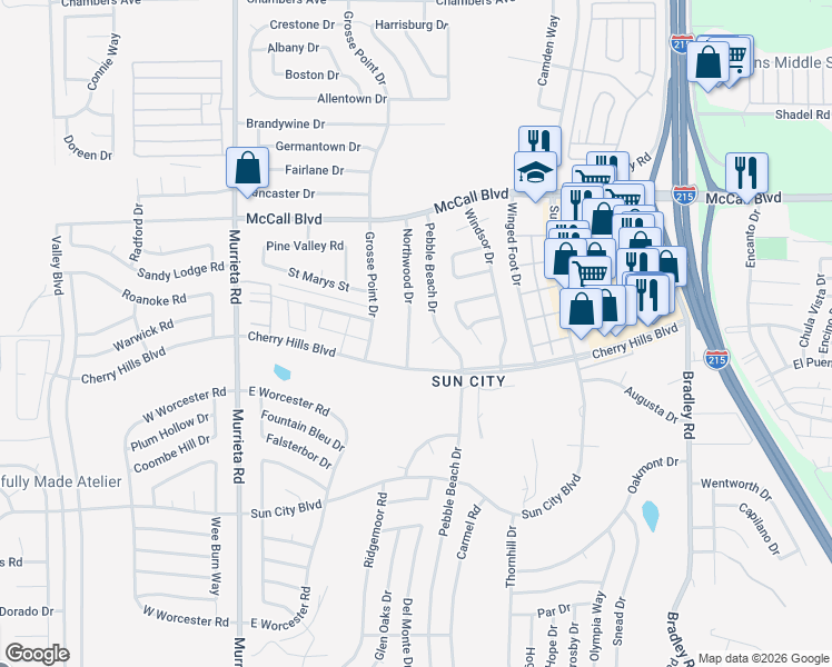 map of restaurants, bars, coffee shops, grocery stores, and more near 28220 Northwood Drive in Menifee
