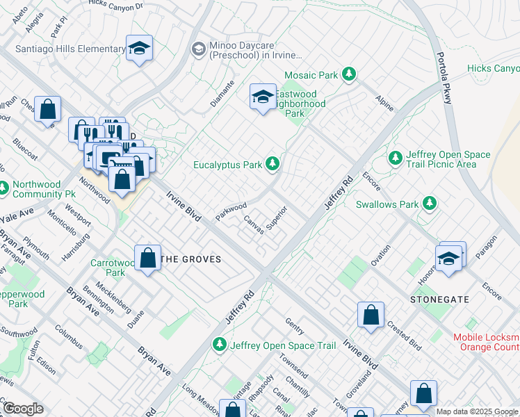 map of restaurants, bars, coffee shops, grocery stores, and more near 15310 Barranca Parkway in Irvine