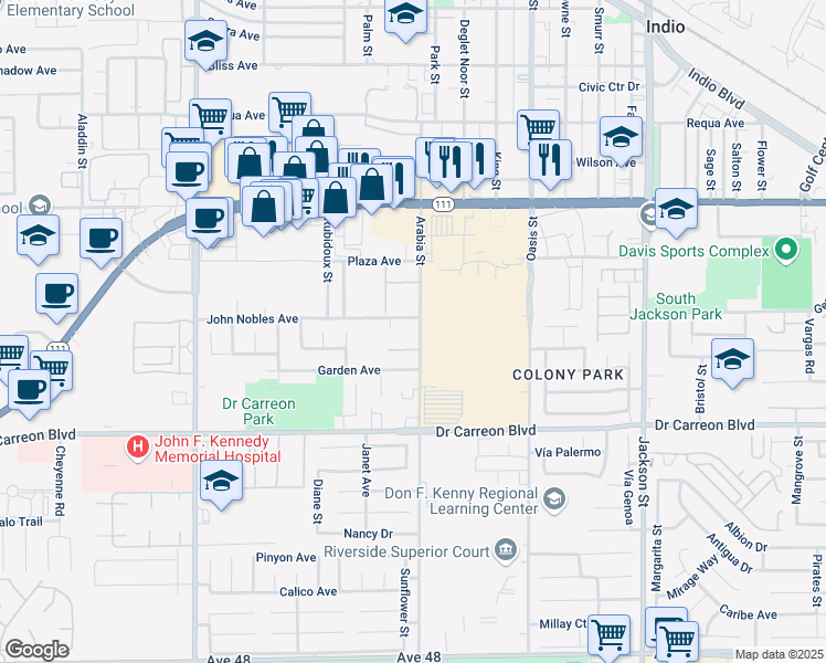 map of restaurants, bars, coffee shops, grocery stores, and more near 46517 Arabia Street in Indio