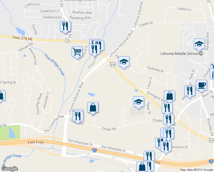 map of restaurants, bars, coffee shops, grocery stores, and more near 7271 Covington Highway in Lithonia