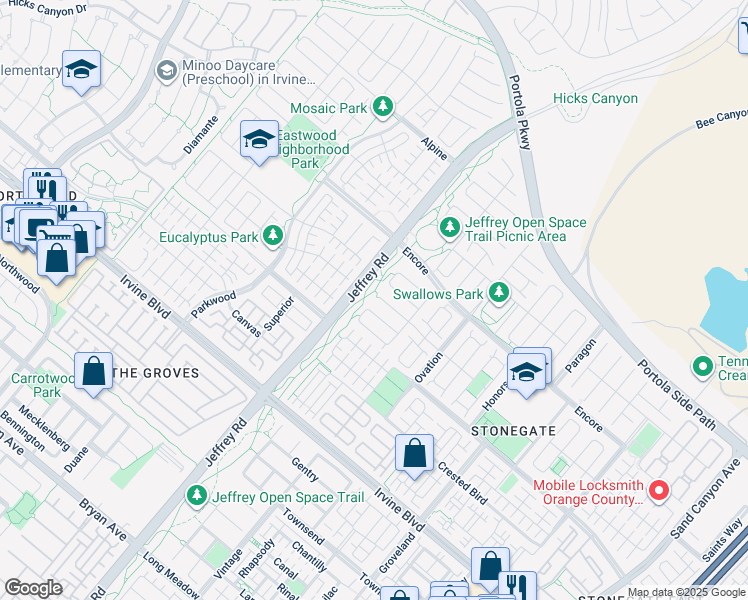 map of restaurants, bars, coffee shops, grocery stores, and more near 50 Parkdale in Irvine