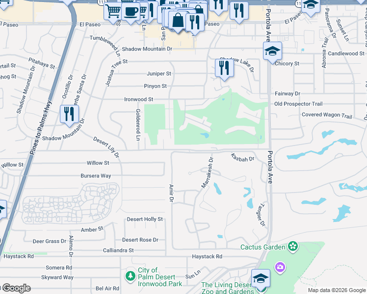 map of restaurants, bars, coffee shops, grocery stores, and more near 73570 Grapevine Street in Palm Desert