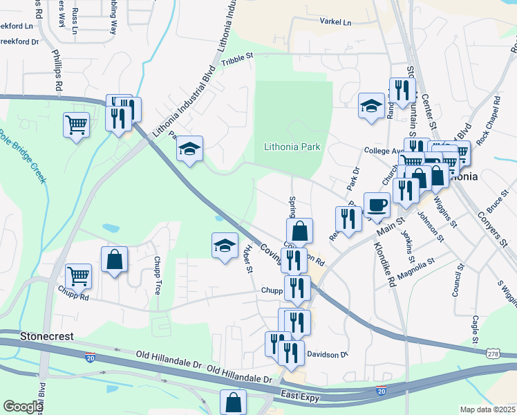 map of restaurants, bars, coffee shops, grocery stores, and more near 6651 Hawes Drive in Lithonia