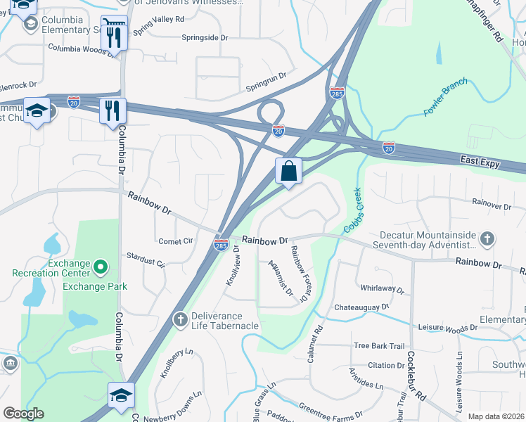 map of restaurants, bars, coffee shops, grocery stores, and more near 2727 Kings Park Circle in Decatur