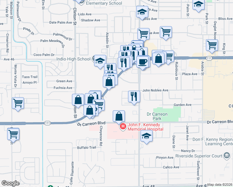 map of restaurants, bars, coffee shops, grocery stores, and more near 46745 Monroe Street in Indio