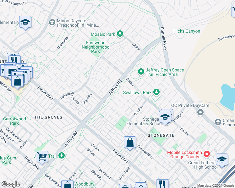 map of restaurants, bars, coffee shops, grocery stores, and more near 50 Parkdale in Irvine