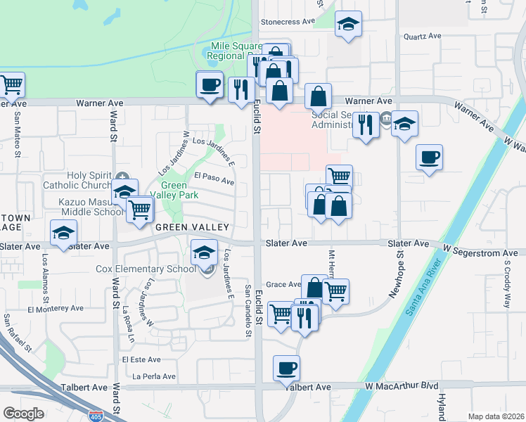 map of restaurants, bars, coffee shops, grocery stores, and more near 11020 El Amarillo Avenue in Fountain Valley