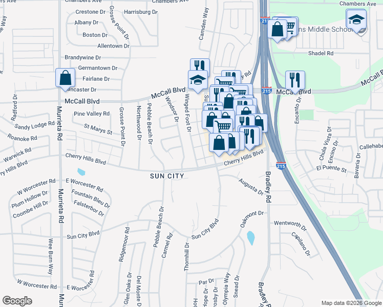 map of restaurants, bars, coffee shops, grocery stores, and more near 28231 Winged Foot Drive in Menifee