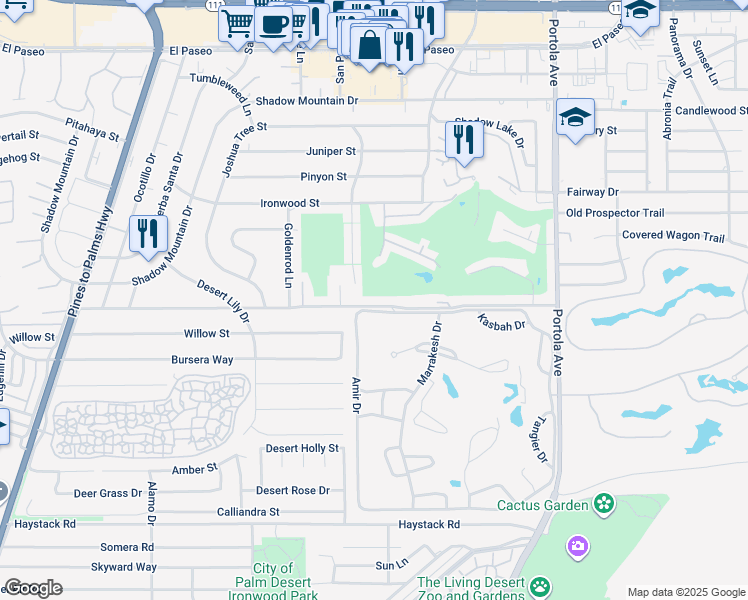 map of restaurants, bars, coffee shops, grocery stores, and more near 73550 Grapevine Street in Palm Desert