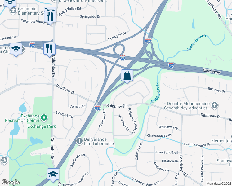 map of restaurants, bars, coffee shops, grocery stores, and more near 2727 Kings Park Circle in Decatur