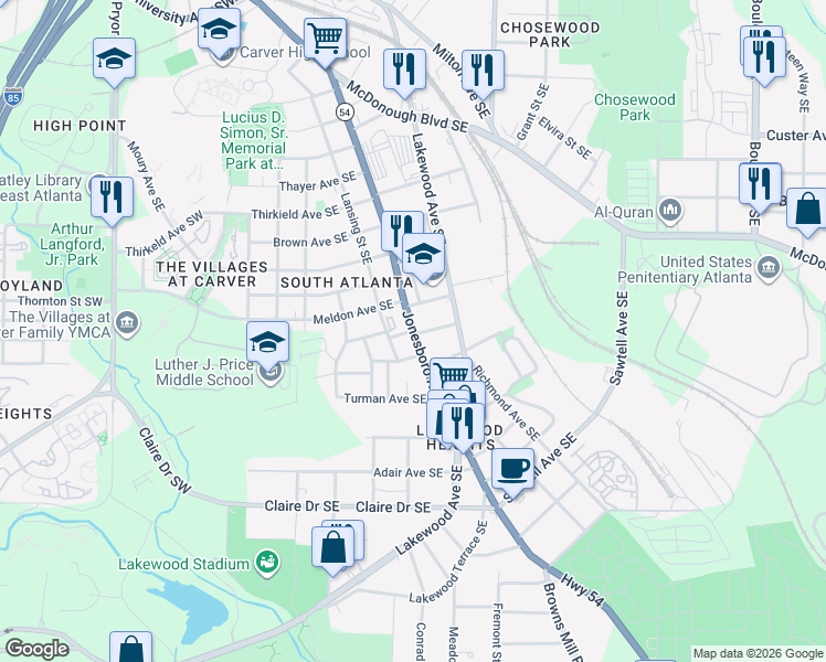 map of restaurants, bars, coffee shops, grocery stores, and more near Dorothy Street Southeast in Atlanta