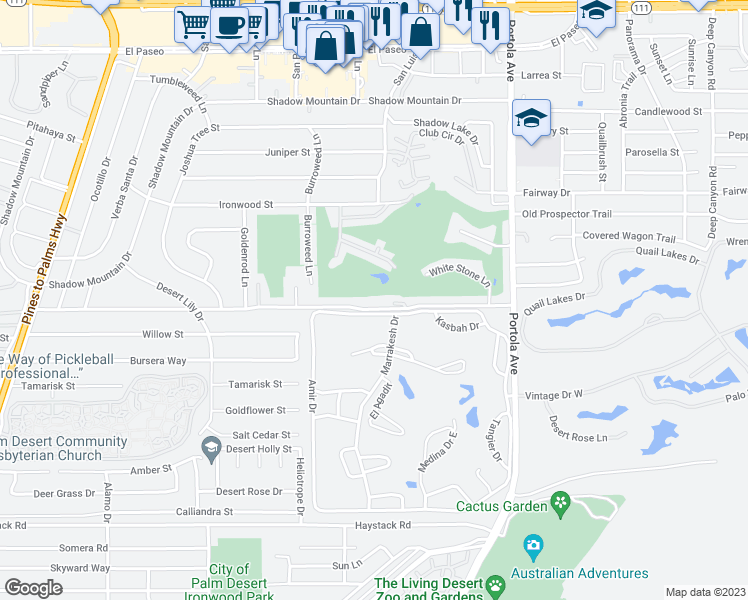 map of restaurants, bars, coffee shops, grocery stores, and more near 73700 Grapevine Street in Palm Desert