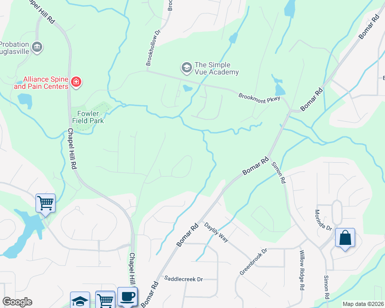 map of restaurants, bars, coffee shops, grocery stores, and more near 4075 Ashland Circle in Douglasville