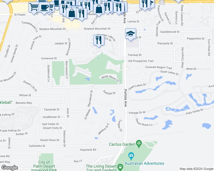 map of restaurants, bars, coffee shops, grocery stores, and more near 73840 Grapevine Street in Palm Desert
