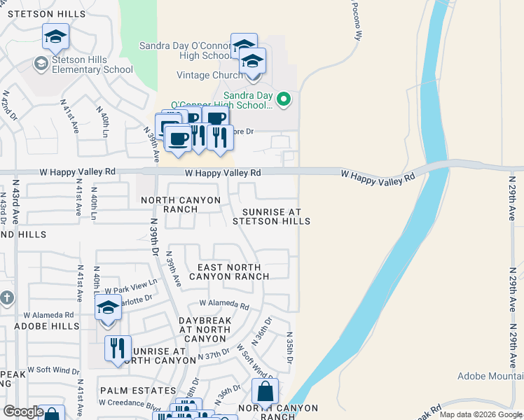 map of restaurants, bars, coffee shops, grocery stores, and more near 3544 West Chama Drive in Glendale