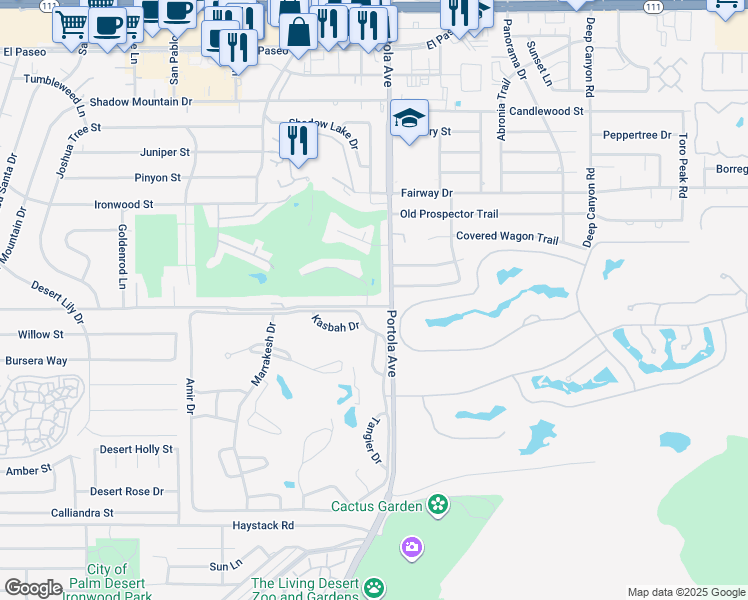 map of restaurants, bars, coffee shops, grocery stores, and more near 73950 Grapevine Street in Palm Desert