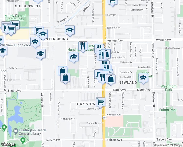 map of restaurants, bars, coffee shops, grocery stores, and more near 17301 Keelson Lane in Huntington Beach