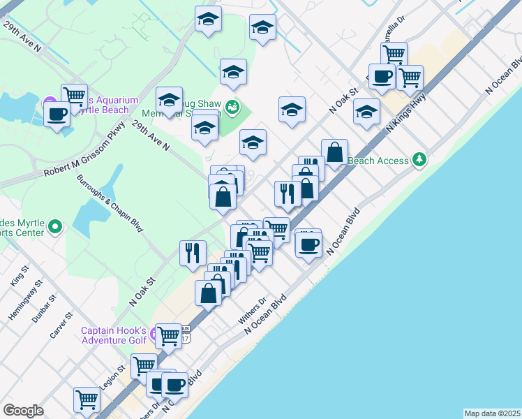 map of restaurants, bars, coffee shops, grocery stores, and more near 2900 North Oak Street in Myrtle Beach