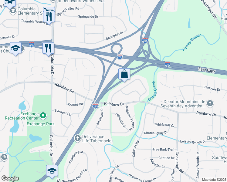 map of restaurants, bars, coffee shops, grocery stores, and more near 2727 Kings Park Circle in Decatur