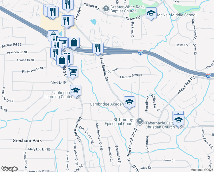 map of restaurants, bars, coffee shops, grocery stores, and more near 2659 Flat Shoals Road in Decatur