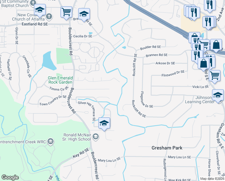 map of restaurants, bars, coffee shops, grocery stores, and more near 1620 Boulderwoods Drive Southeast in Atlanta