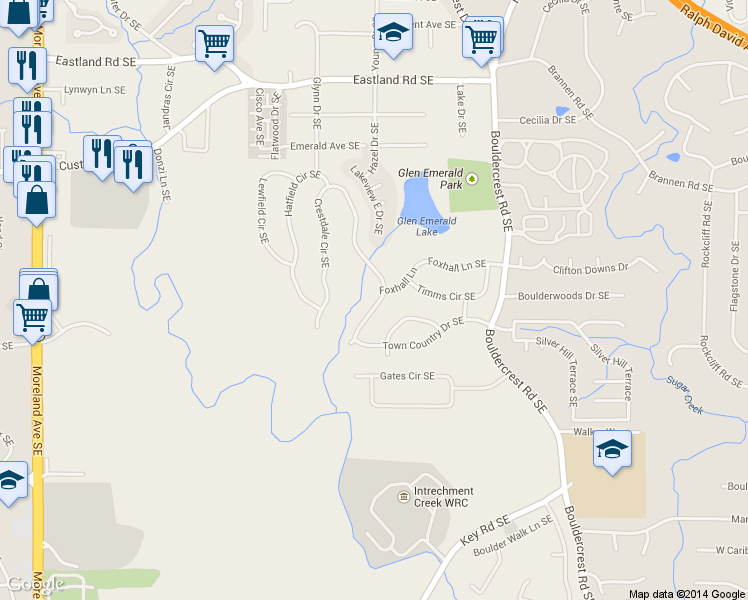 map of restaurants, bars, coffee shops, grocery stores, and more near 2380 Crestdale Circle Southeast in Atlanta