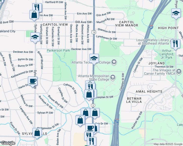 map of restaurants, bars, coffee shops, grocery stores, and more near 1611 Metropolitan Parkway Southwest in Atlanta