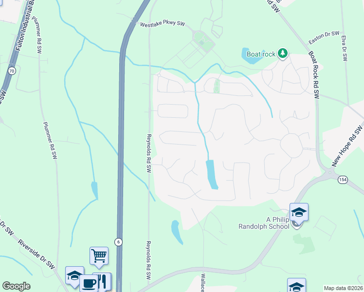 map of restaurants, bars, coffee shops, grocery stores, and more near 5490 Rockton Wood Way Southwest in Atlanta