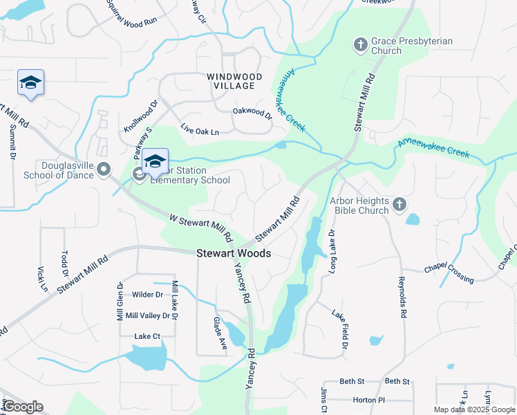 map of restaurants, bars, coffee shops, grocery stores, and more near 3480 Arbroath Drive in Douglasville