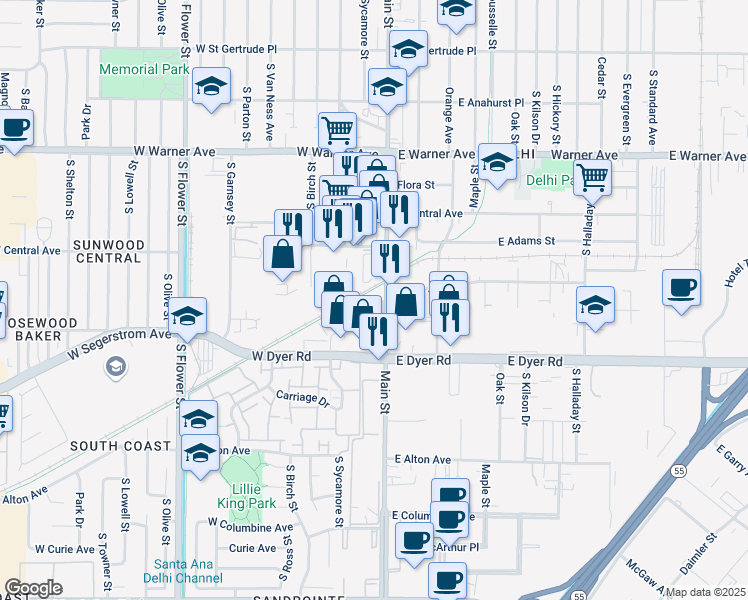 map of restaurants, bars, coffee shops, grocery stores, and more near 2700 South Main Street in Santa Ana