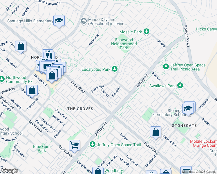 map of restaurants, bars, coffee shops, grocery stores, and more near 143 Tidal Line in Irvine