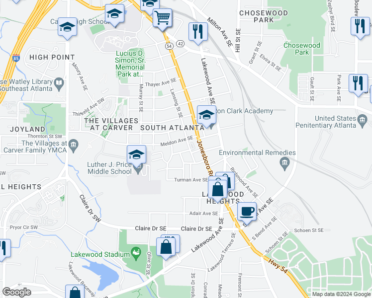 map of restaurants, bars, coffee shops, grocery stores, and more near 25 Dorothy Street Southeast in Atlanta